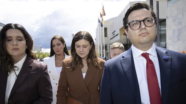 Brittany Higgins with her partner David Sharaz leave the Magistrates Court in Canberra. Picture: NCA NewsWire / Gary Ramage