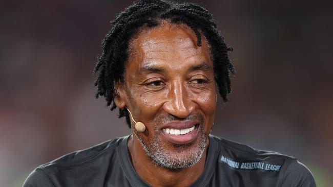 Former NBA player Scottie Pippen is interviewed at halftime during the 2023 NRL Grand Final match between Penrith Panthers and Brisbane Broncos. Photo – Matt King/Getty Images.