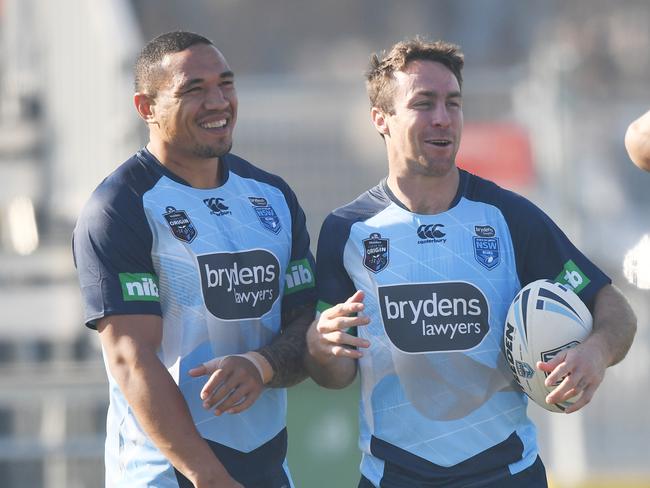 NSW Blues Tyson Frizell (left) and James Maloney. Picture: AAP Image/David Moir