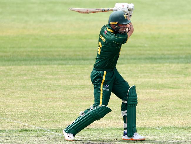 Jack Lalor of Northcote bats during the Victorian Premier Cricket Kookaburra Men's Premier Firsts Round 5 match between Northcote and Footscray at Bill Lawry Oval, on November 23, 2024, in Melbourne, Australia. (Photo by Josh Chadwick)