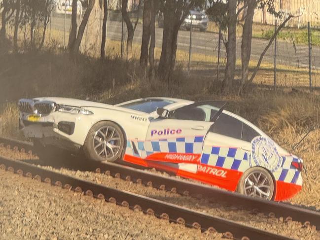 Picture of a police car on the train tracks from social media. On the tracks between Mt Druitt and Rooty Hill. Picture Supplied.