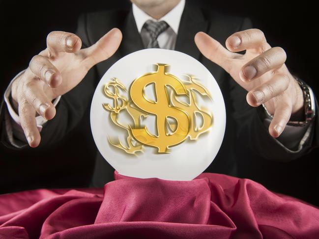 Fortune teller businessman, sees the dollar in a crystal ball, money, generic, dollar sign