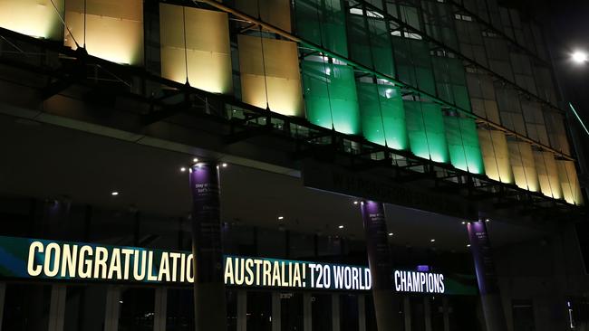 The Melbourne Cricket Ground acknowledges Australia’s World Cup triumph. Picture: Darrian Traynor/Getty Images