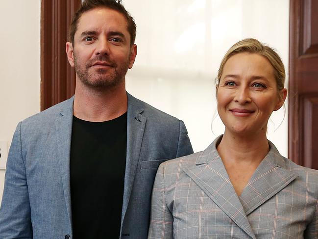 One of three winners of the 2021 Doug Moran National Portrait Prize, Vincent Fantauzzo with his wife and muse actress Asher Keddie with the portrait 'Muse'. This is the first time three winners have been chosen winning $100,000 each. Jane Dempster/The Australian.