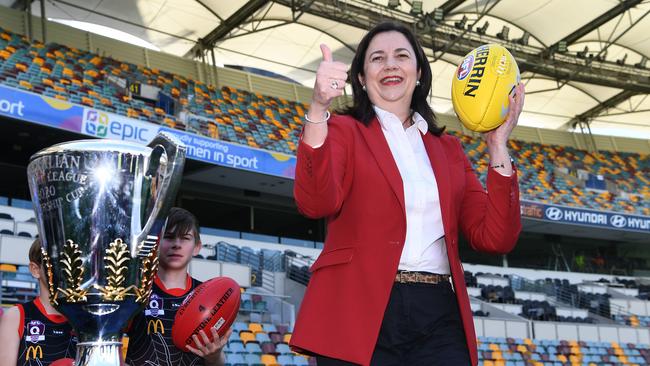 Queensland Premier Annastacia Palaszczuk poses for a photo during the announcement that the 2020 AFL Grand Final game will be played at the Gabba Picture: Dan Peled