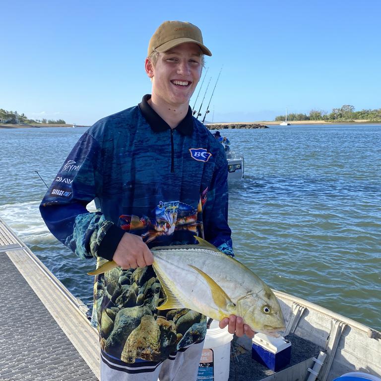 Ty Richardson was chuffed after catching a Golden Trevally in the Boyne River on Day 1 of the Boyne Tannum Hookup. Picture: Nilsson Jones