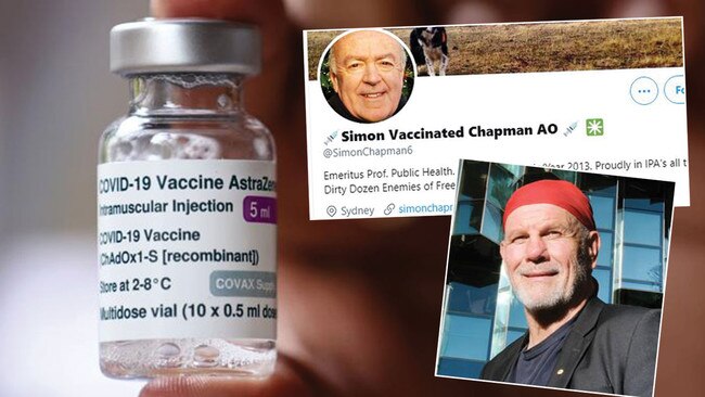 The AstraZeneca vaccine, and two of those suggesting the heat be turned up on people resisting being vaccinated: Professor Simon Chapman, top right, and Peter FitzSimons, bottom right. Pictures: AFP/Twitter/NewsCorp