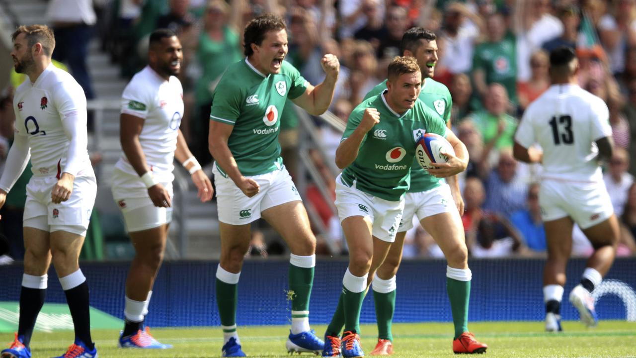 Ireland’s Jordan Larmour celebrates scoring at Twickenham Stadium, London.