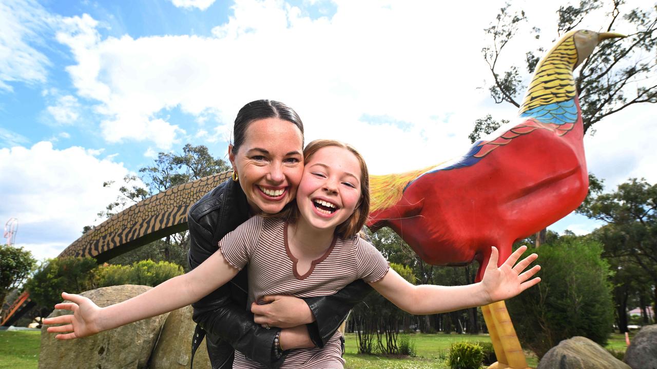 Belinda Denney with her daughter, Indie, 10, who was born under the Gumbuya World Theme Park’s Big Pheasant, named Bruno. Picture: Josie Hayden.