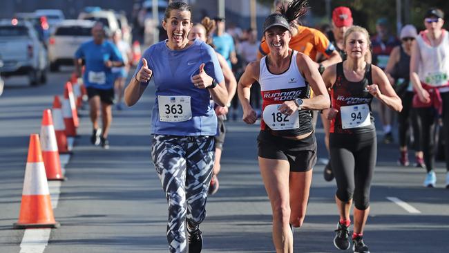 Sisters Katy Stewart and Jo Banks-Smith running in the 2019 City to Casino. Picture: LUKE BOWDEN