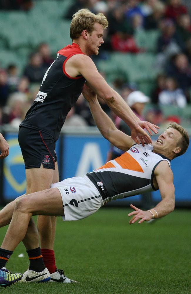 Jack Watts gives away 50m to Rhys Palmer, who finished the game with four goals. Picture: George Salpigtidis