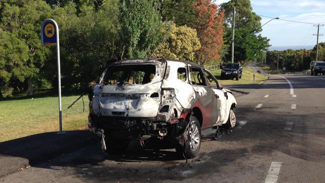 Gutted ... The brand new Ford Everest is almost unrecognisable after becoming suddenly engulfed in fire and smoke. Picture: Supplied