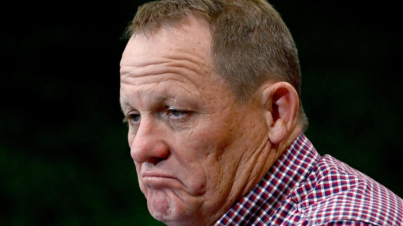 BRISBANE, AUSTRALIA – JUNE 17: Coach Kevin Walters of the Broncos looks dejected as he speaks at a press conference after the round 15 NRL match between the Brisbane Broncos and the South Sydney Rabbitohs at Suncorp Stadium, on June 17, 2021, in Brisbane, Australia. (Photo by Bradley Kanaris/Getty Images)