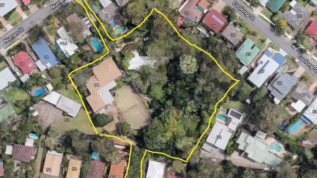 A map of the three adjacent properties purchased by a developer to build townhouses on. Photo: Edited version of Google Maps