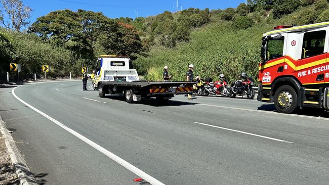 Emergency services are at a crash between a motorbike and a vehicle on Mapleton Rd in Kureelpa.