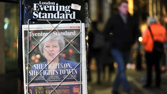 Copies of the Evening Standard on the front cover following the confidence vote in central London. Picture: AFP