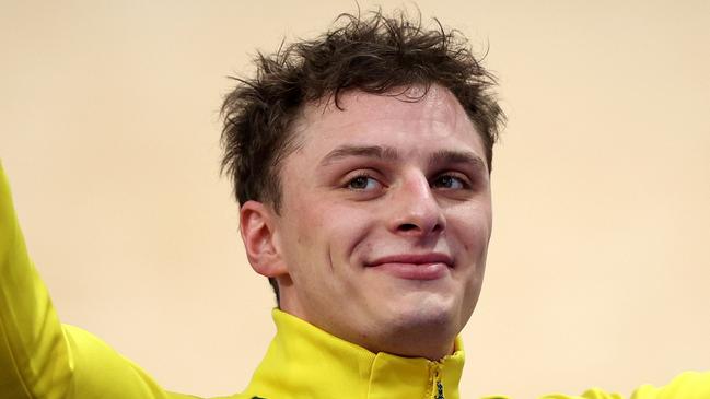 PARIS, FRANCE - AUGUST 11: Silver medalist Matthew Richardson poses on the podium after the Men's Keirin, Final on day sixteen of the Olympic Games Paris 2024 at Saint-Quentin-en-Yvelines Velodrome on August 11, 2024 in Paris, France. (Photo by Jared C. Tilton/Getty Images)