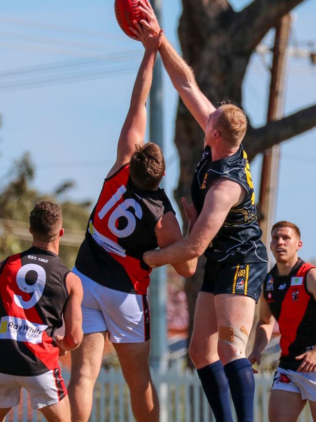 Action from the division two Tea Tree Gully v Scotch Old Collegians game. Picture: Brayden Goldspink