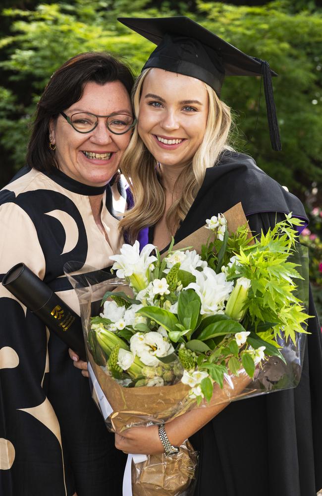 Sharon van der Wal congratulates daughter Freya van der Wal on her Juris Doctor graduation at a UniSQ graduation ceremony at The Empire, Wednesday, October 30, 2024. Picture: Kevin Farmer