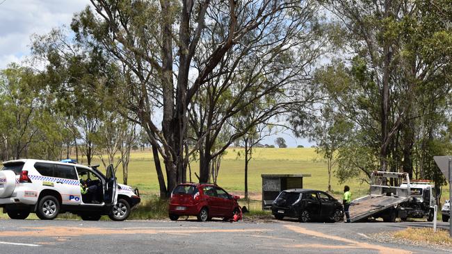 Emergency crews responded to a two-vehicle crash on the Brisbane Valley Highway at Leschkes Road on Wednesday. Photo: Hugh Suffell