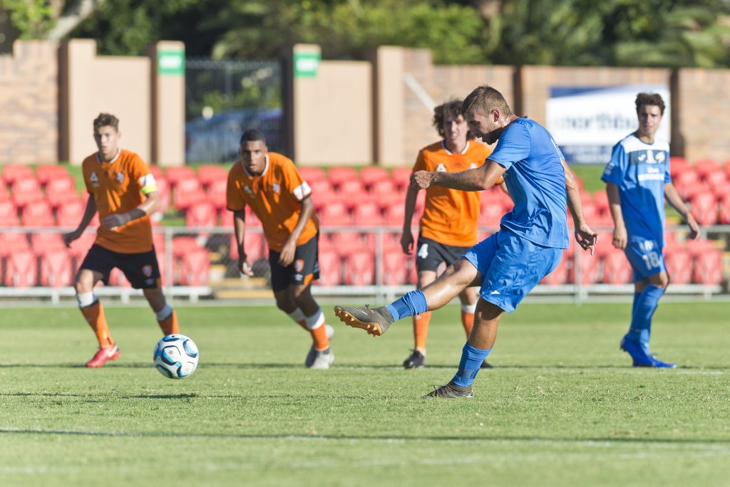 Anthony Grant opens the scoring for South West Queensland Thunder against Brisbane Roar in NPL Queensland men round two football at Clive Berghofer Stadium, Saturday, February 9, 2019. Picture: Kevin Farmer