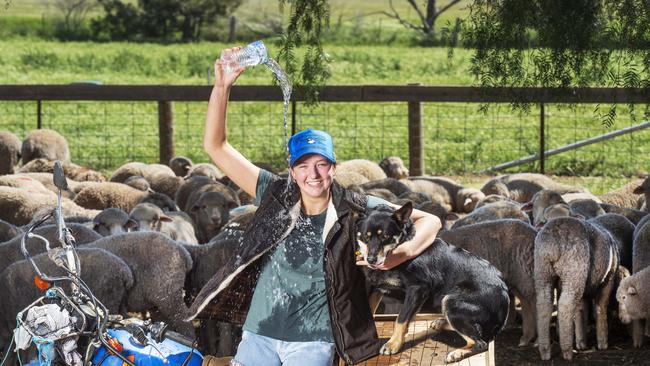 Mackenzie Punton cools down after rounding up sheep on her family farm at Shelbourne in Central Victoria Picture:Rob Leeson.