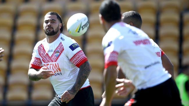 Andrew Fifita has embraced the ‘Wolfpack’ tag the Tongan board has given the team after the players sided with long-time coach Kristian Woolf. Picture: Phil Walter/Getty Images