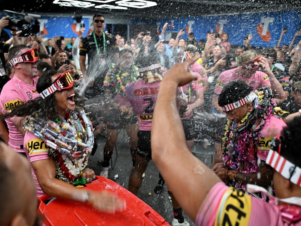 Jarome Luai leading celebrations in the change room. Picture NRL Photos