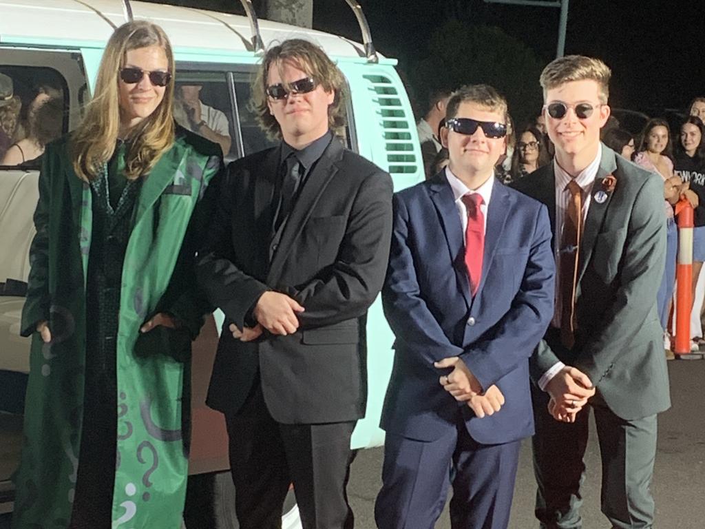 Cayden Broadbent, Stewart Grumley, JP Boshoff and Bailey Frampton students on the red carpet of the 2023 Xavier College School Formal at the Hervey Bay Boat Club