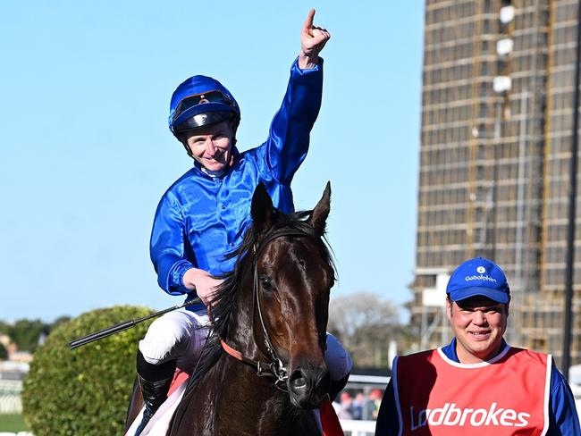 James McDonald admires his work aboard Broadsiding in the Group 1 JJ Atkins for trainer James Cummings. Picture: Grant Peters - Trackside Photography