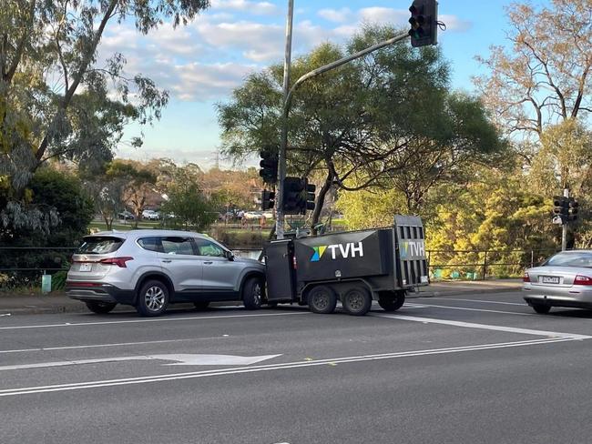 Collision between a car and trailer at Murray Rd in Coburg. Picture: supplied.