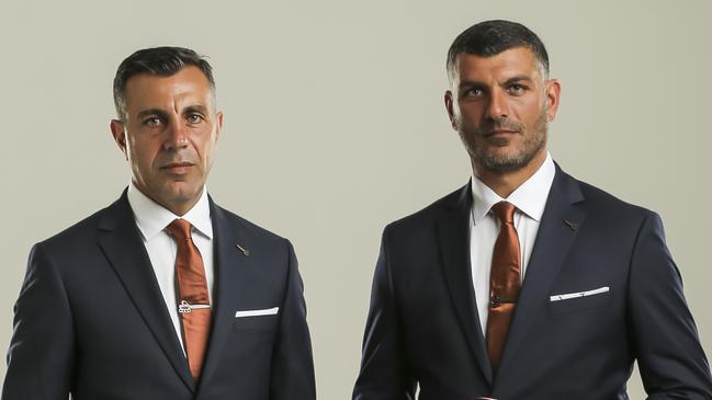 Brisbane Roar’s brotherly coaching duo, Ross and John Aloisi. Picture: Mark Cranitch