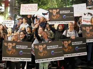 SIGNS OF THE TIMES: Animal rights protesters gather in Melbourne last year. The group Aussie Farms has conflicting views to the agricultural industry. Picture: AAP/DAVID CROSLING