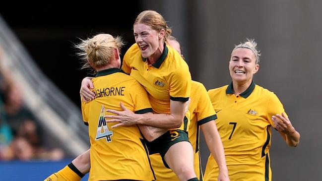 SYDNEY, AUSTRALIA - FEBRUARY 19: Cortnee Vine of Australia celebrates scoring a goal with team mate Clare Polkinghorne of Australia during the 2023 Cup of Nations Match between Australian Matildas and Spain at CommBank Stadium on February 19, 2023 in Sydney, Australia. (Photo by Brendon Thorne/Getty Images)