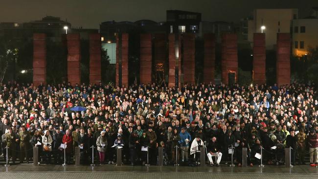 Crowds gather during the Anzac Day Dawn Service at Pukeahu National War Memorial Park in Wellington, New Zealand. 