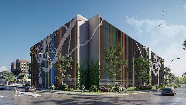 An artist’s impression of the rainbow-coloured design which will be painted on the outside of the eight-storey car park at the Logan Hospital.