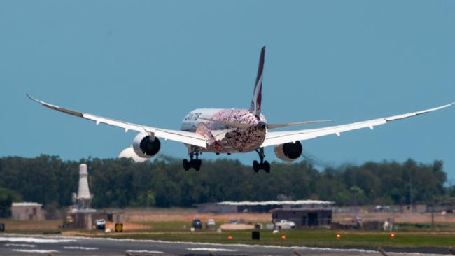 QF110 arrives direct from London with approximately 175 Australians who have been stuck overseas during the coronavirus pandemic. Picture: Che Chorley