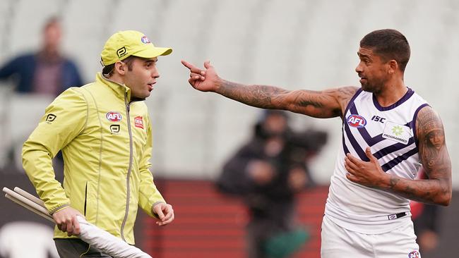 Brad Hill of the Dockers questions the goal umpire after he awarded a point after the half time siren in the round 14 clash with Melbourne. Pic: Getty Images