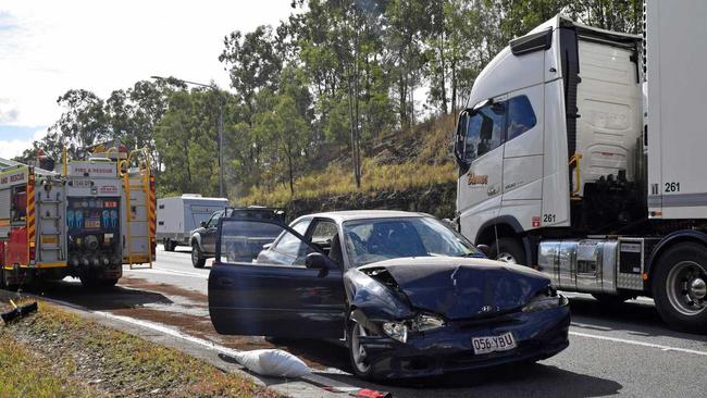 HIGHWAY CRASH: Two people were taken to hospital after a crash near the Kilkivan/Wide Bay Highway turnoff. Picture: Josh Preston