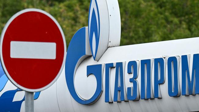 A logo of Russia's energy giant Gazprom at a petrol station in Moscow. Picture: AFP