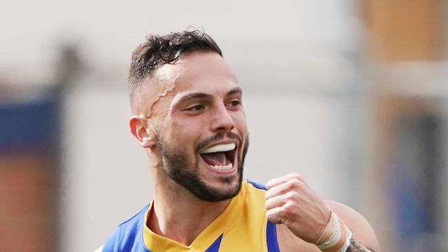 Jake Greiser of Williamstown celebrates a goal during the VFL Preliminary Final match between Williamstown and Essendon at Adcon Stadium in Melbourne, Sunday, September 15, 2019.  (AAP Image/Michael Dodge) NO ARCHIVING, EDITORIAL USE ONLY