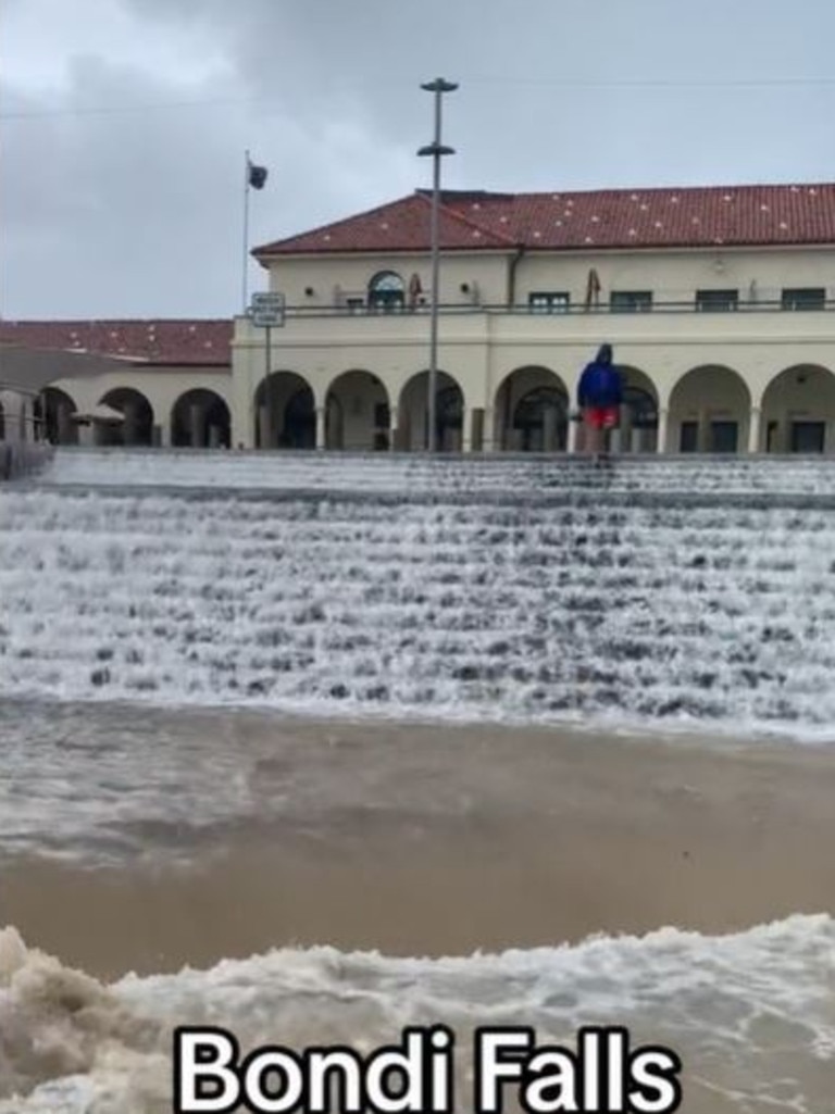 Bondi Beach looks unrecognisable after flash floods. Picture: @ben_shoots / TikTok