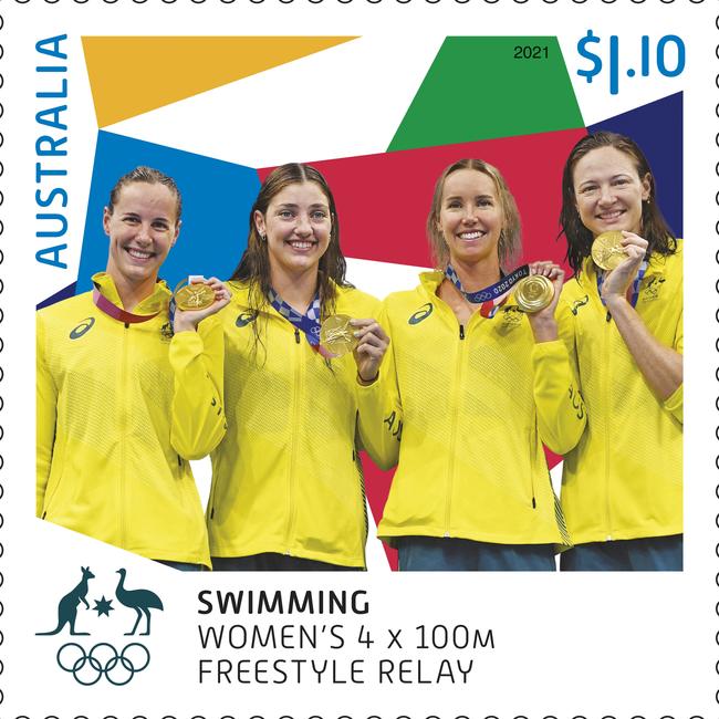 Gold medal-winners Bronte Campbell, Meg Harris, Emma McKeon and Cate Campbell feature on a new Australia Post stamp as part of a new collection that celebrates all Australian gold medallists at the Tokyo 2020 Olympics. Photo courtesy of Australia Post.