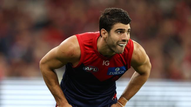 MELBOURNE, AUSTRALIA – APRIL 11: Christian Petracca of the Demons looks on during the round five AFL match between Melbourne Demons and Brisbane Lions at Melbourne Cricket Ground, on April 11, 2024, in Melbourne, Australia. (Photo by Robert Cianflone/Getty Images)