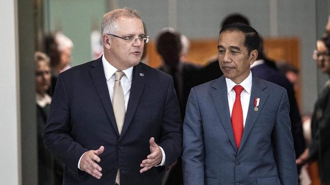 Scott Morrison and Indonesian President Joko Widodo in Canberra last year. Picture Gary Ramage