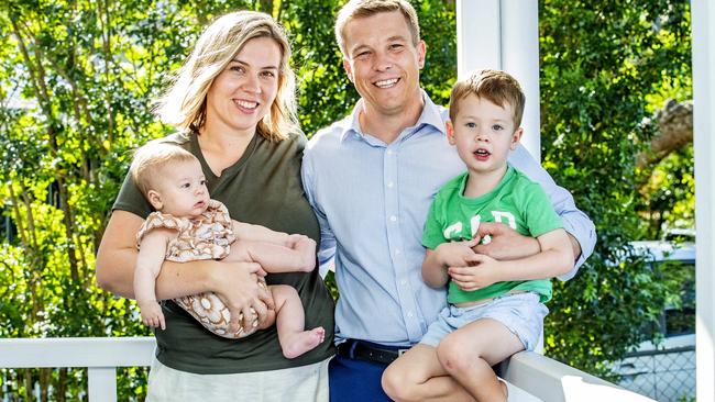 Federal Member for Ryan Julian Simmonds, with wife Madeline and children Theodore and Isabelle. Picture: Richard Walker