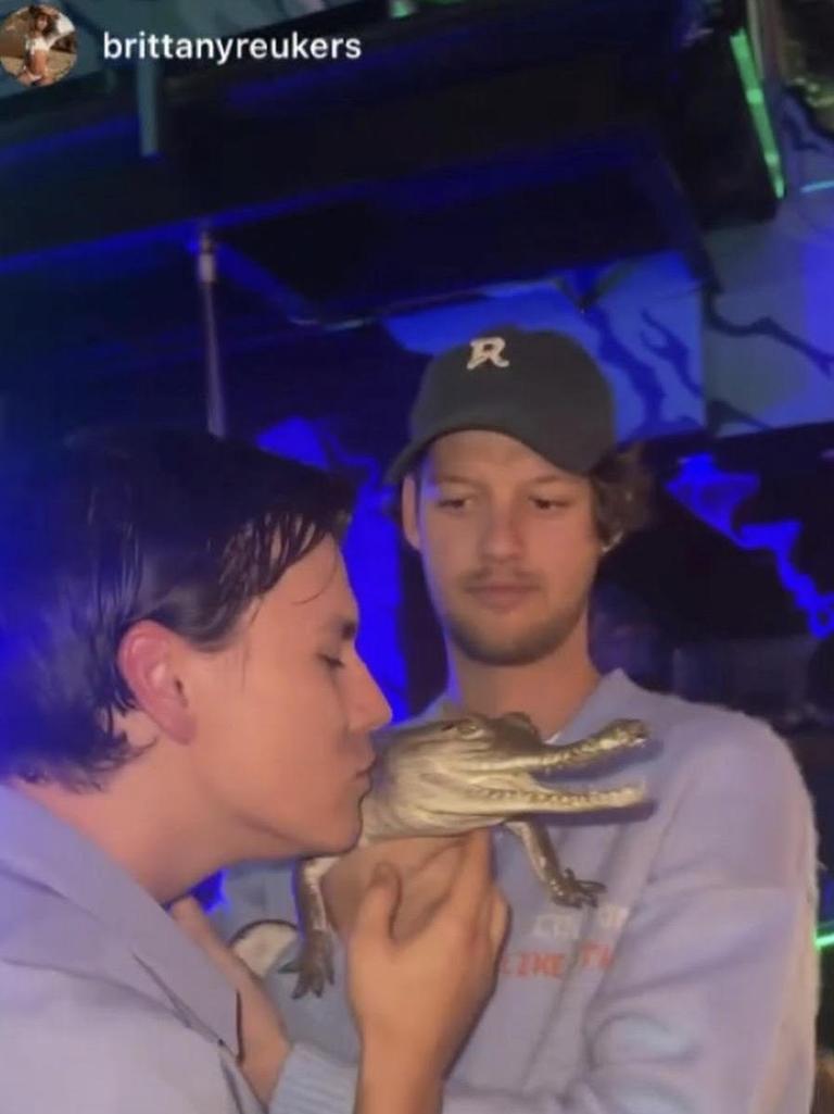 Model Britt Reukers shared a photo of a man kissing one of the baby crocs. Picture: Instagram