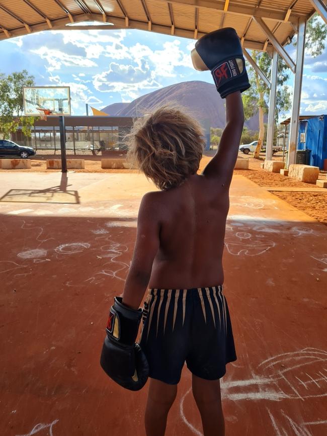 A young boxer at Mutitjulu. Picture: Arrernte Community Boxing Academy