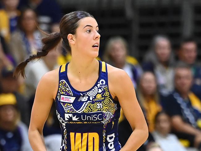 SUNSHINE COAST, AUSTRALIA - MAY 27:  Ava Black of the Lightning in action during the round 11 Super Netball match between Sunshine Coast Lightning and Collingwood Magpies at University of Sunshine Coast Stadium, on May 27, 2023, in Sunshine Coast, Australia. (Photo by Albert Perez/Getty Images)