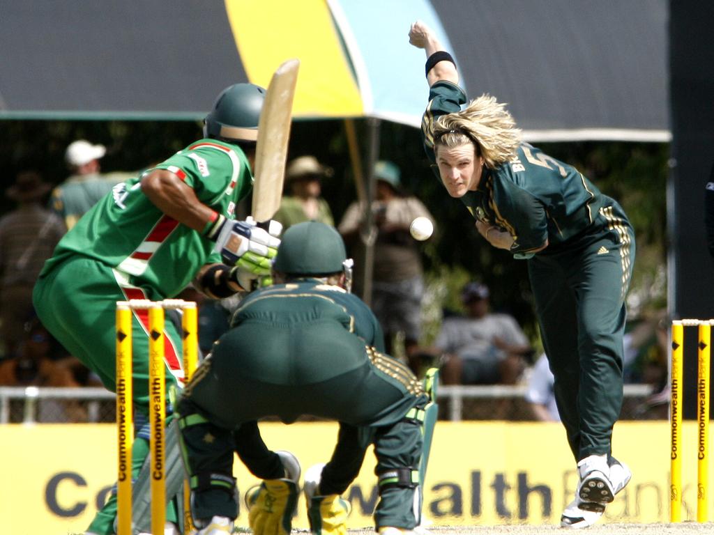 Bracken bowls in the first one day international against Bangladesh on August 30, 2008. Picture: AAP Image/Terry Trewin.